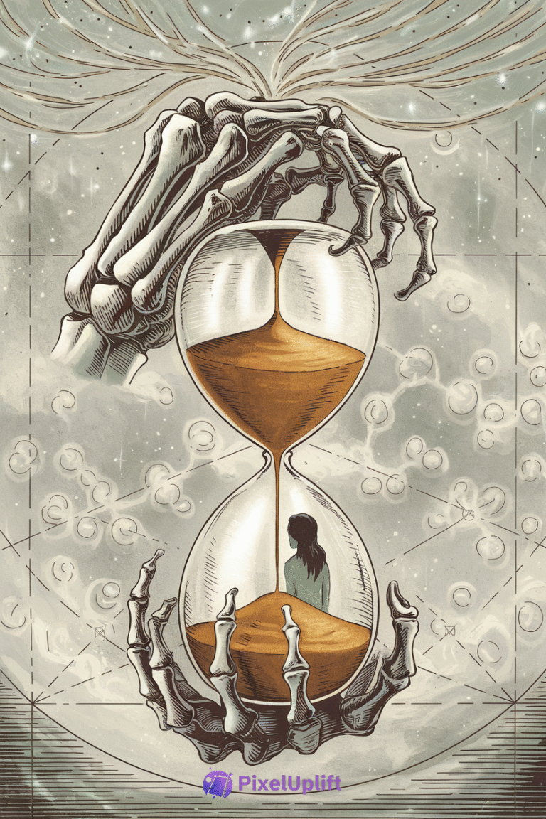 Surreal phone wallpaper with hourglass held by skeletal hands and a solitary figure inside, cosmic background