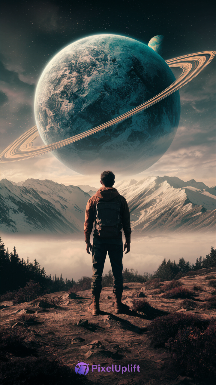Silhouette of a man on a rocky mountain path with snow-covered peaks and a large ringed planet with a smaller moon in the misty sky, surreal phone wallpaper