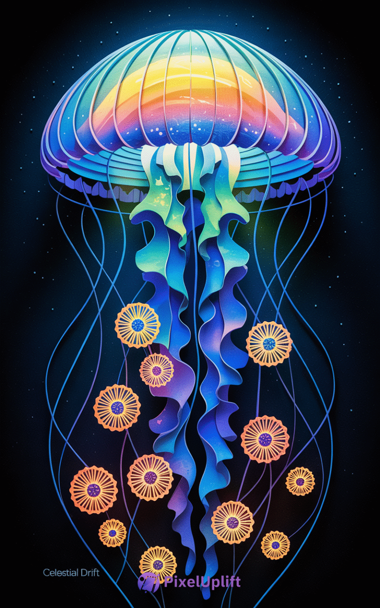 Vibrant digital artwork of a jellyfish with blue, purple, and yellow bell and turquoise tentacles on dark cosmic background