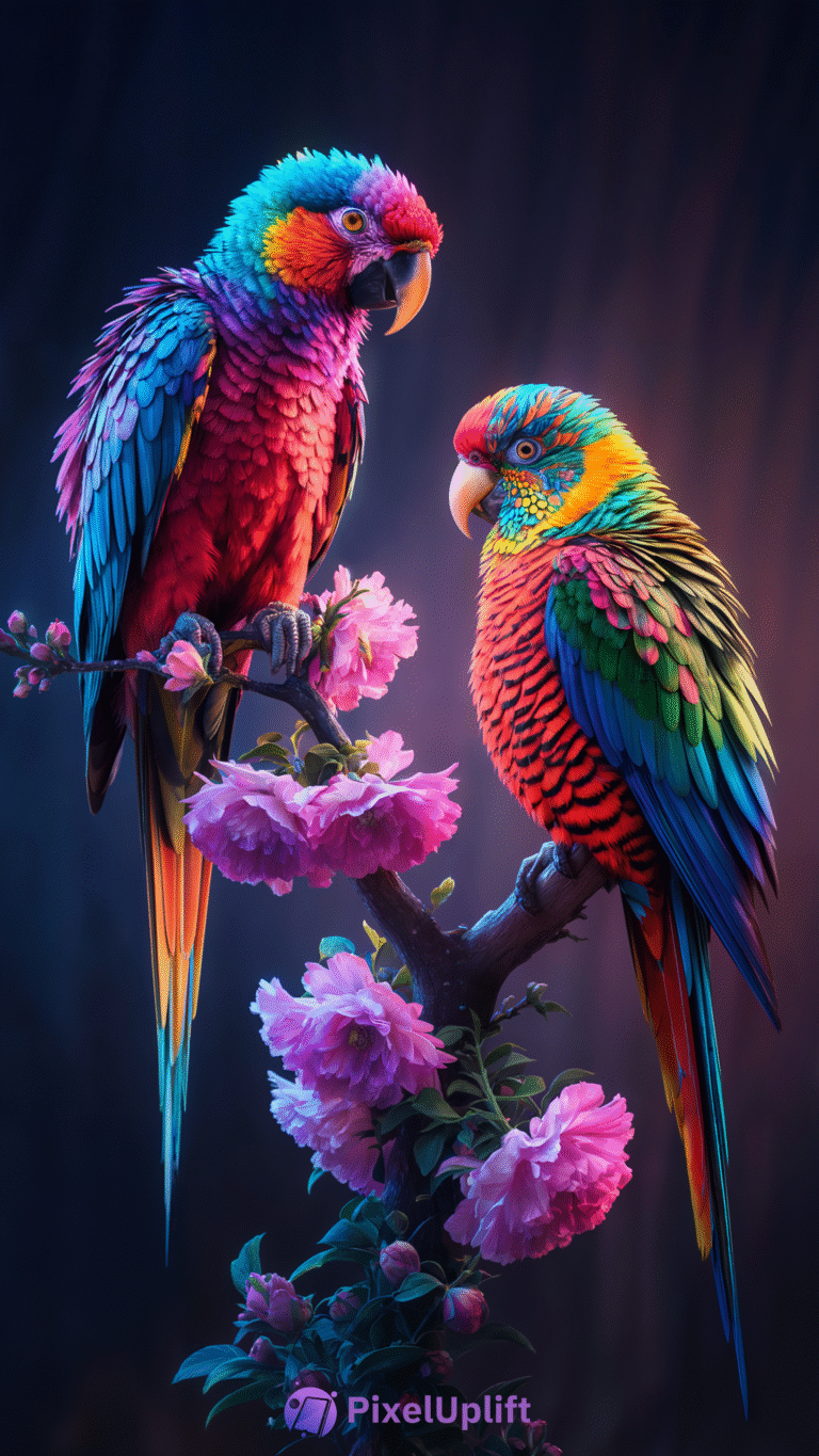 Vividly colored parrots perched on a blossoming branch with pink flowers and dark blurred background phone wallpaper
