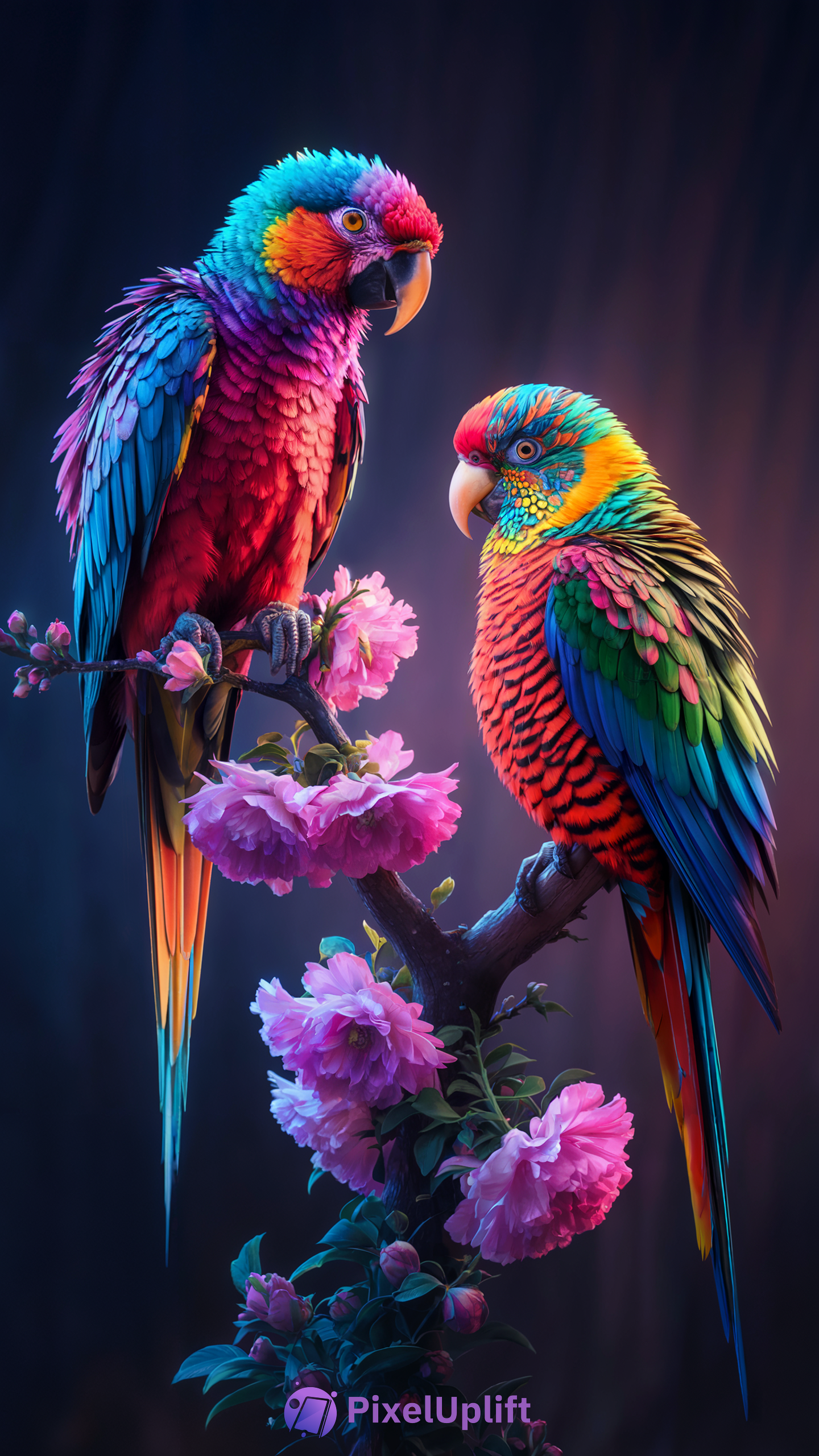 Vividly colored parrots perched on a blossoming branch with pink flowers and dark blurred background phone wallpaper