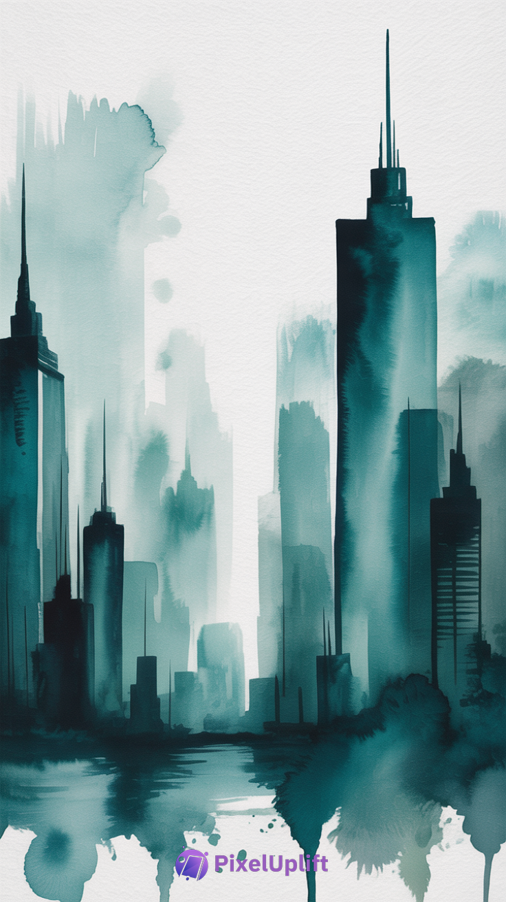 Watercolor painting of a teal and blue city skyline with skyscrapers and water reflections