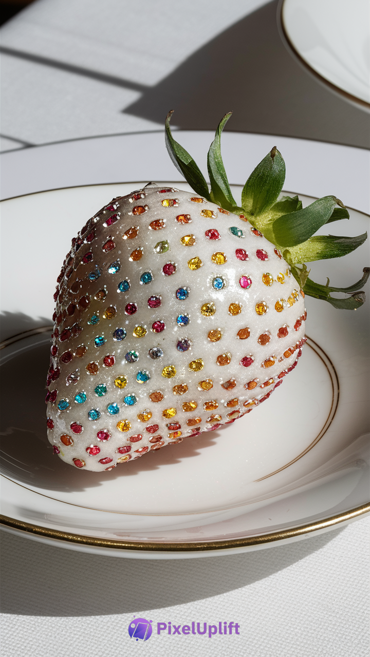 Close-up of a white strawberry with colorful gemstone seeds on a white plate with gold rim, phone wallpaper HD background