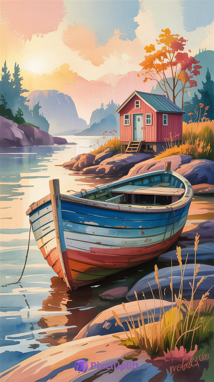 Painterly lakeside scene at sunrise or sunset with a blue and white rowboat by rocky shore and a red wooden house with blue roof, surrounded by autumn trees and calm water