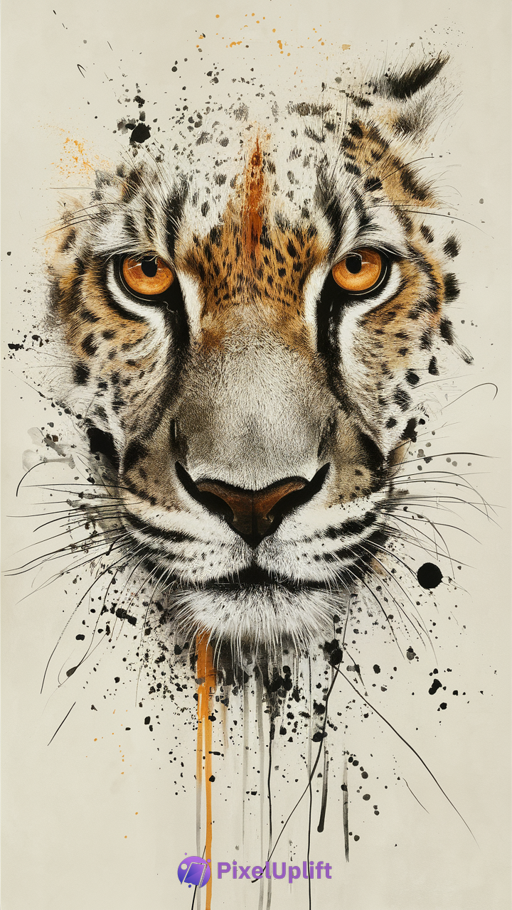 Artistic leopard face phone wallpaper with amber eyes and black and orange paint splatters on plain background