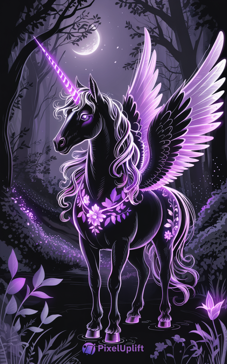 Majestic black unicorn with glowing purple horn and wings standing in a mystical nighttime forest with moonlight and glowing floral patterns