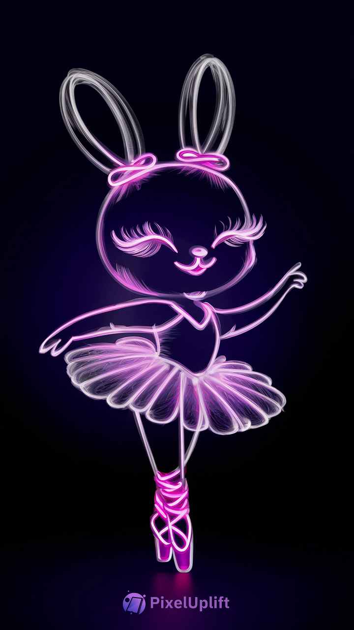 Neon glowing bunny ballerina in tutu and ballet shoes on dark background phone wallpaper