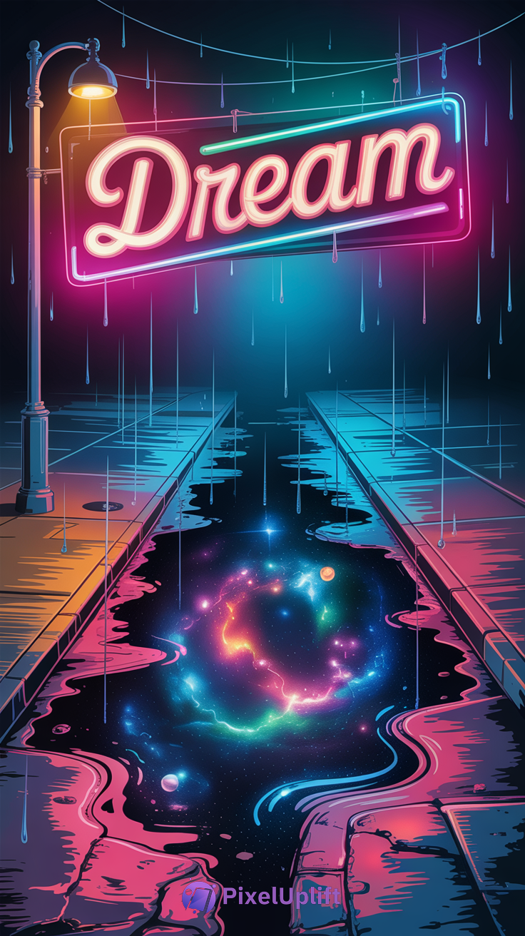 Surreal colorful nighttime street scene with neon Dream sign and cosmic galaxy road background