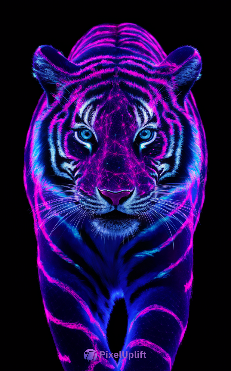 Neon tiger phone wallpaper with bright blue and pink stripes on black background, glowing eyes and geometric cybernetic patterns