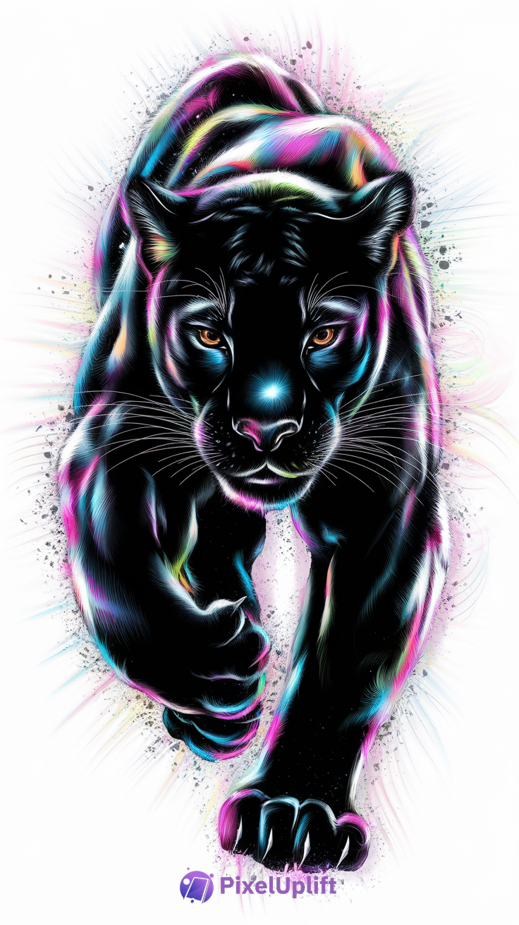 Vibrant neon black panther phone wallpaper with glowing pink, blue, purple, and yellow accents on white background