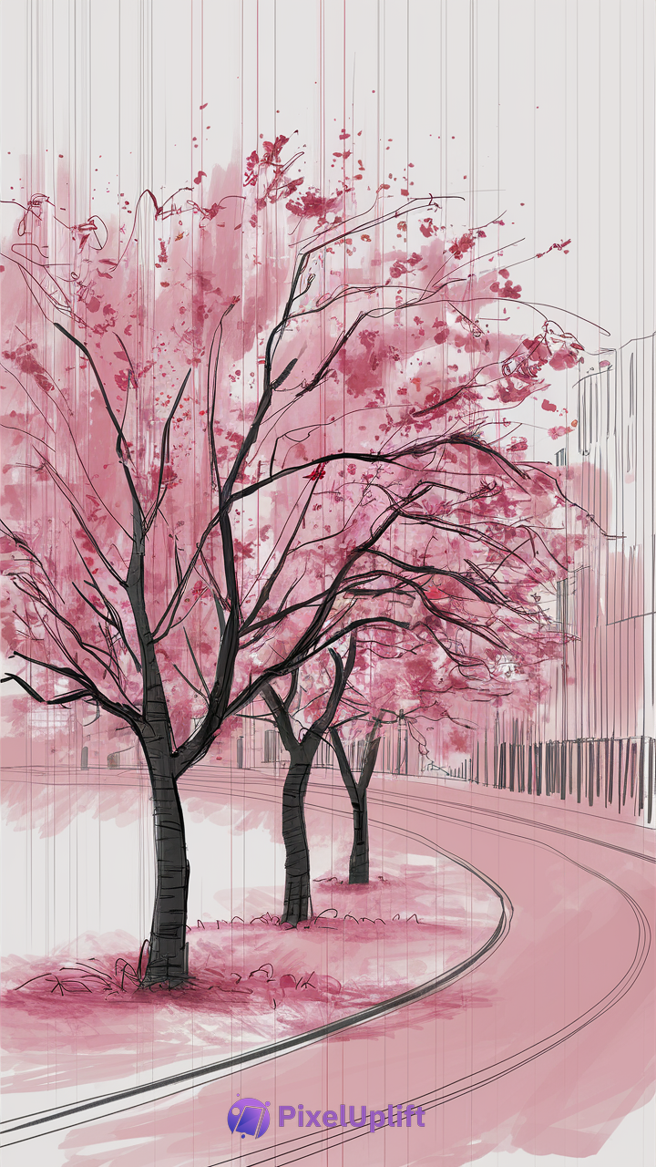Artistic digital illustration of a pink blossom street with dark tree trunks and a curved road, painted in soft rural brush strokes, suitable as a phone wallpaper