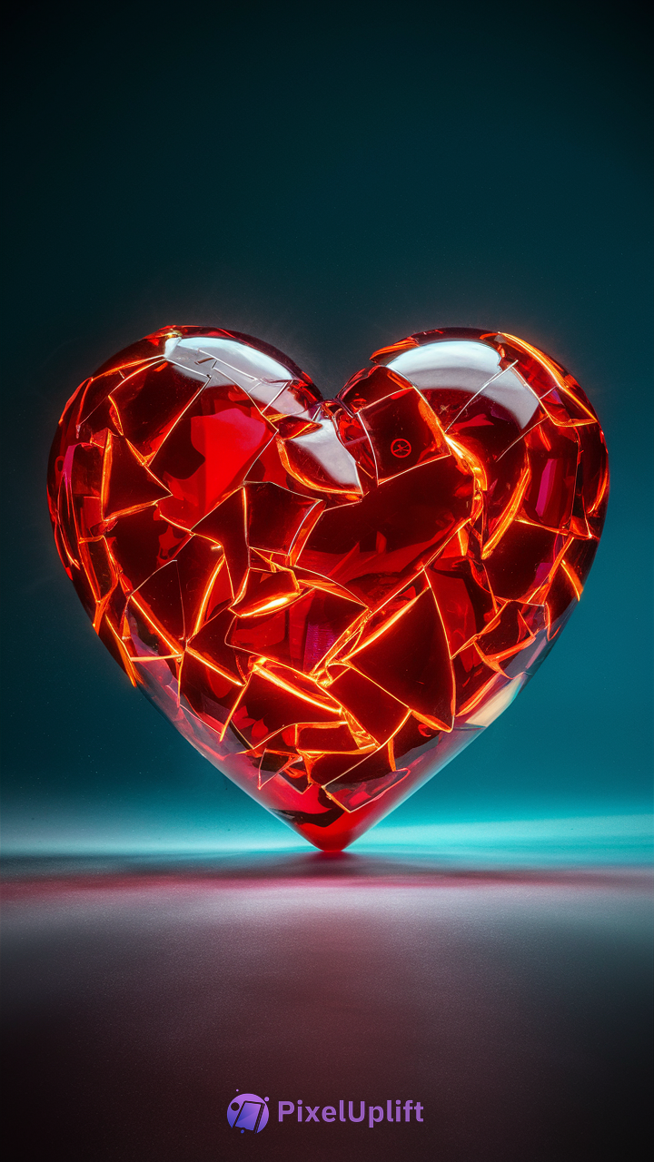 Red glass heart made of shattered pieces with glowing fracture lines on a dark teal gradient background phone wallpaper