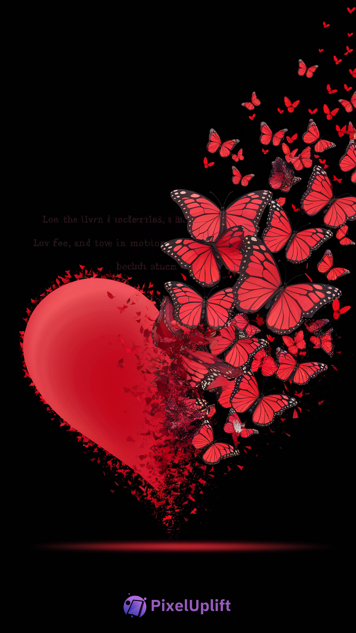 Red heart disintegrating into red butterflies on black background phone wallpaper