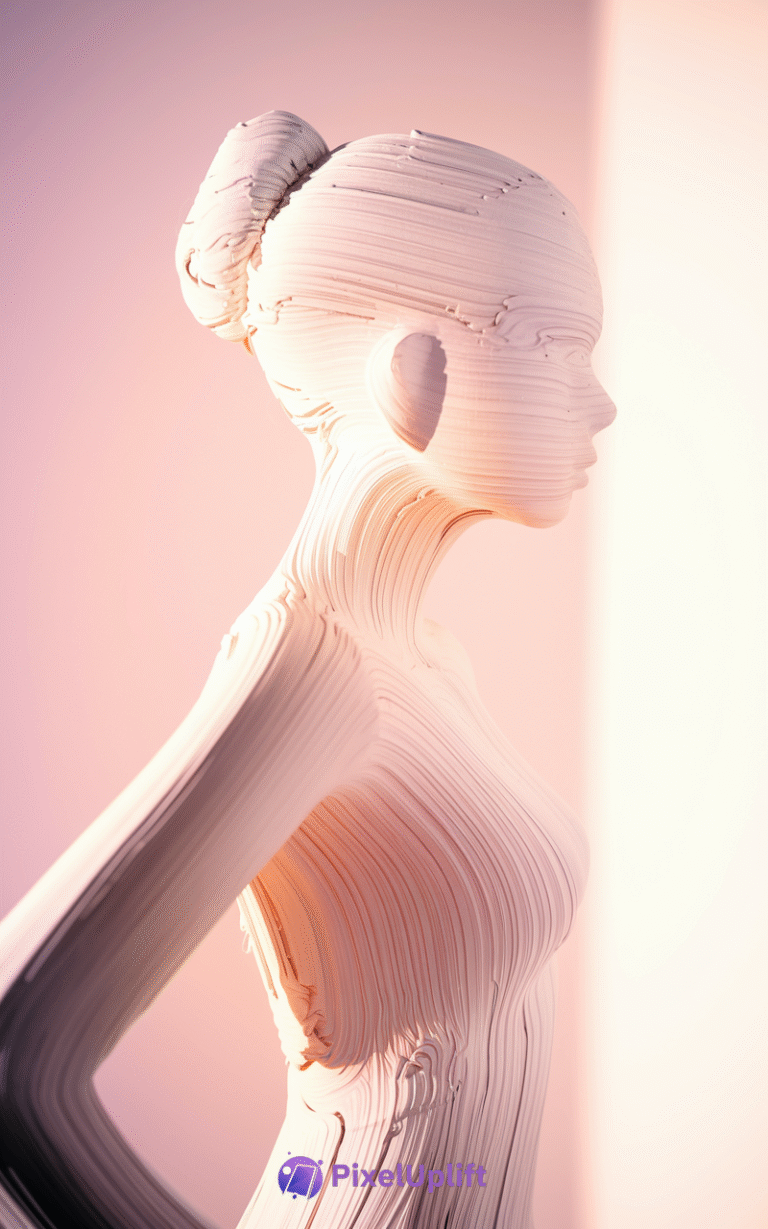 Sculpted figure of a woman in soft pastel pink with flowing horizontal textures and gradient lighting on a smooth pink to white background