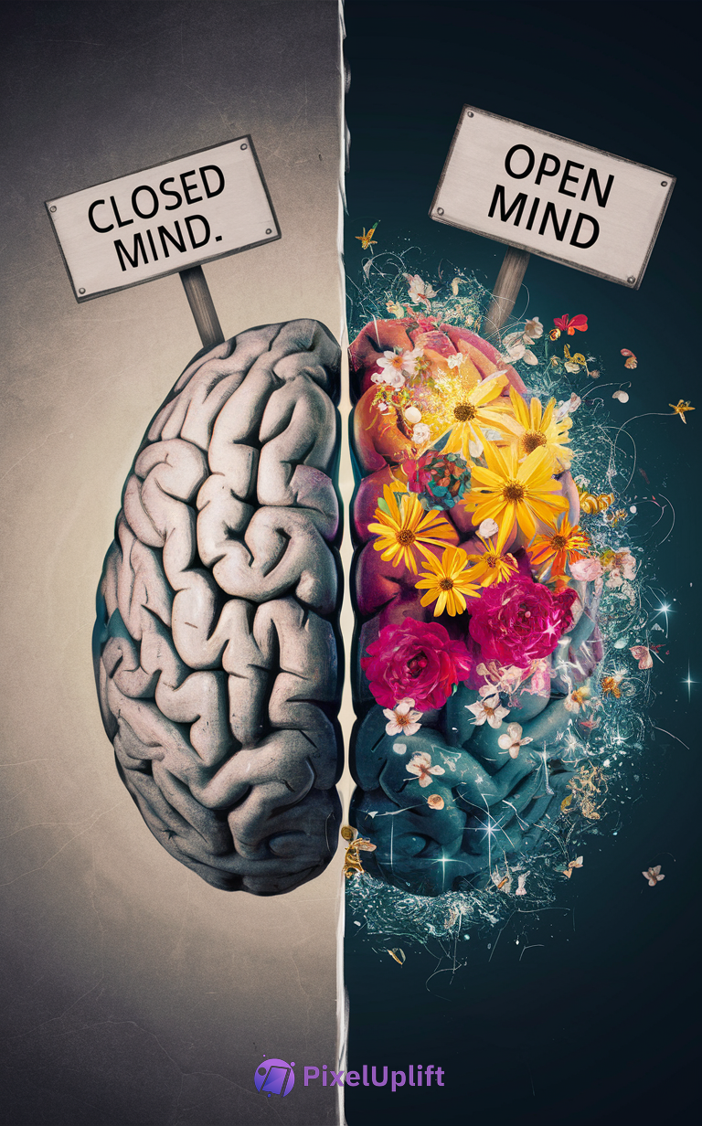Phone wallpaper depicting two halves of a brain: left half gray and plain with Closed Mind sign, right half colorful with flowers and Open Mind sign