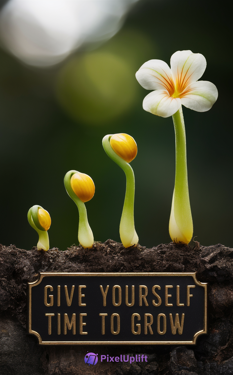 Phone wallpaper of four plant growth stages from seedling to flower with a gold-trimmed black plaque reading Give Yourself Time To Grow on a soft green and white blurred background
