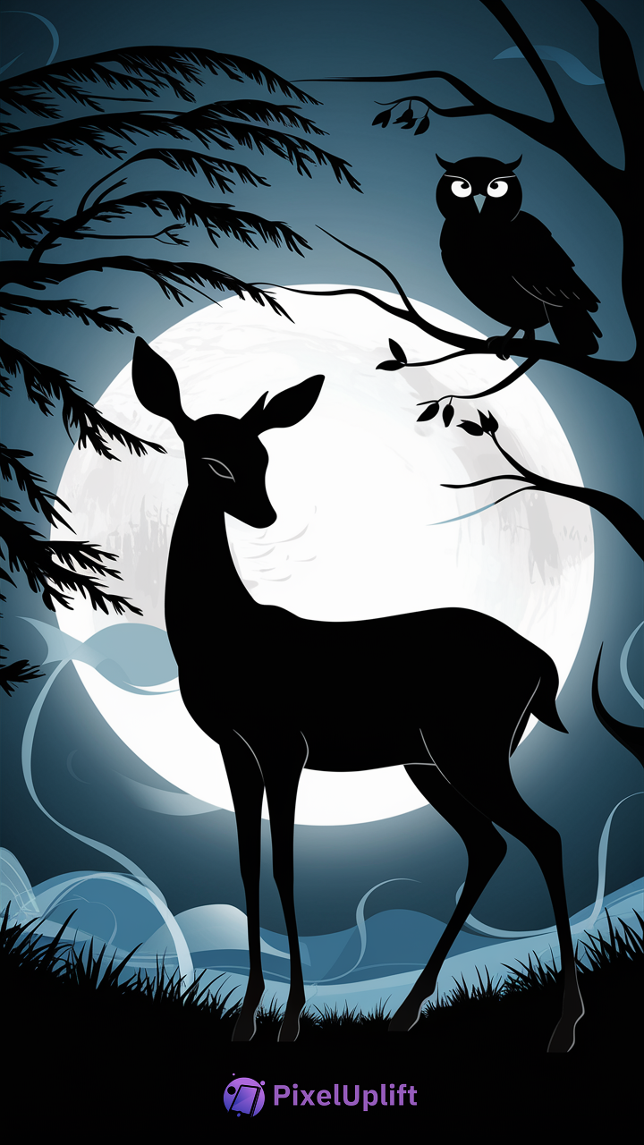 Silhouette of a deer and an owl against a bright full moon with a mystical blue and gray night sky background