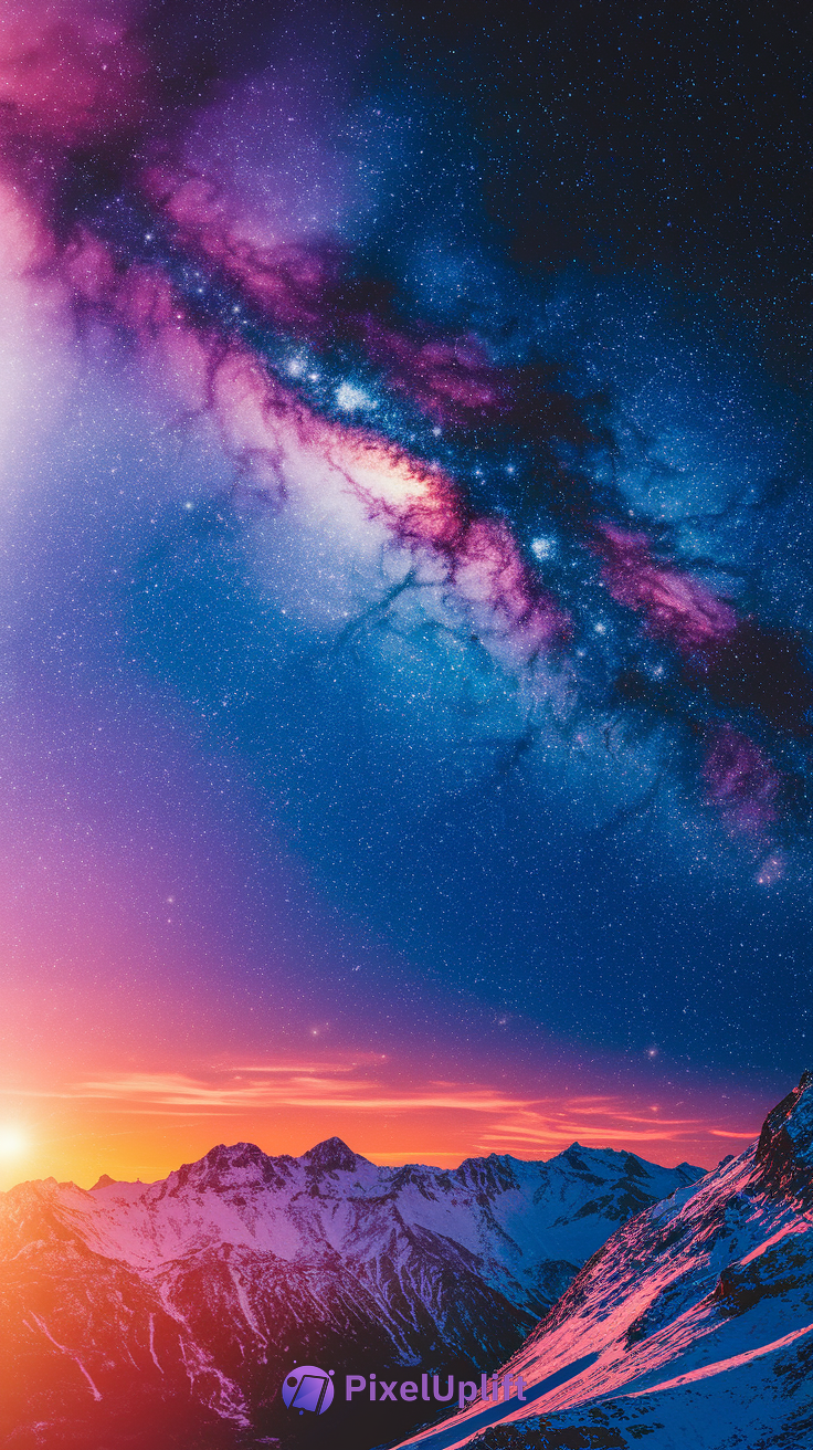 Phone wallpaper showing snow-capped mountains under a vibrant Milky Way night sky with pink, purple, and blue nebulous clouds