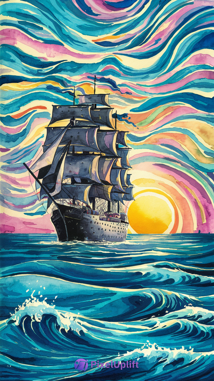 Vibrant watercolor painting of a large sailing ship on the ocean at sunset with dynamic blue waves and a colorful abstract sky