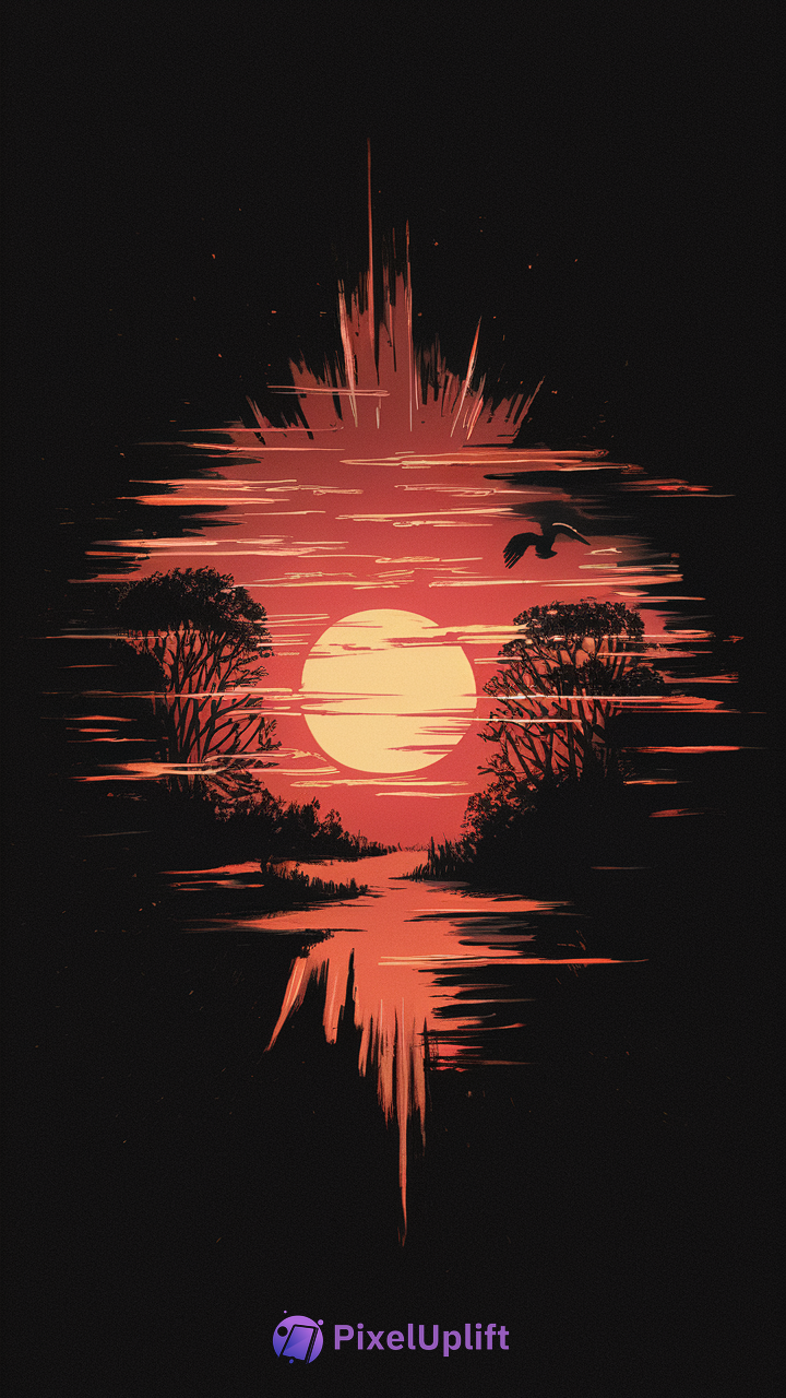 Stylized sunset phone wallpaper with glowing sun, silhouetted trees, bird in flight and dark background in HD