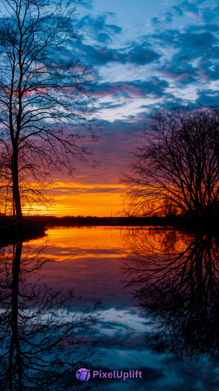 Sunset scene phone wallpaper with vibrant orange, yellow, blue and purple sky reflected on a lake with silhouetted bare trees
