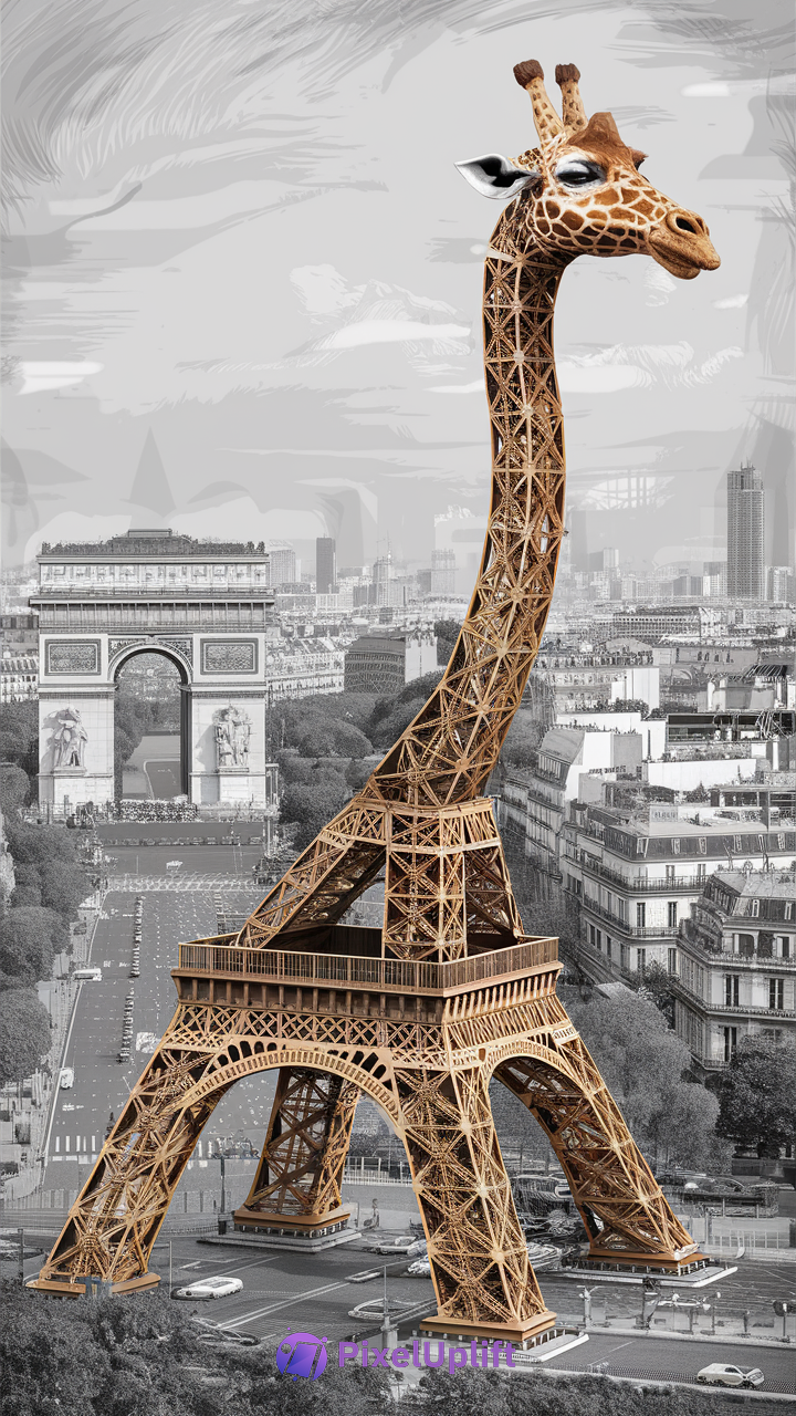 Surreal phone wallpaper showing a creative fusion of Eiffel Tower base and giraffe neck against a grayscale Paris cityscape