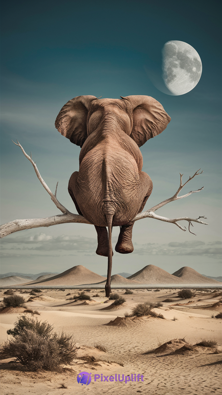 Surreal elephant sitting on a bare tree branch above a desert landscape with a large bright moon in the sky