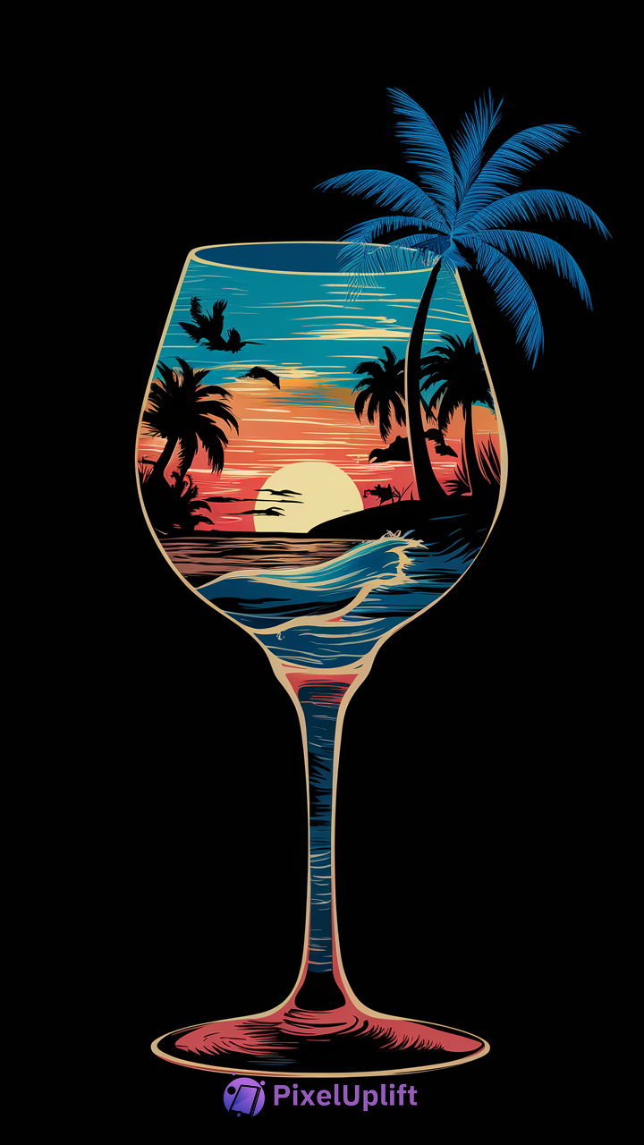 Artistic tropical beach sunset inside a wine glass with palm trees and ocean waves on black background