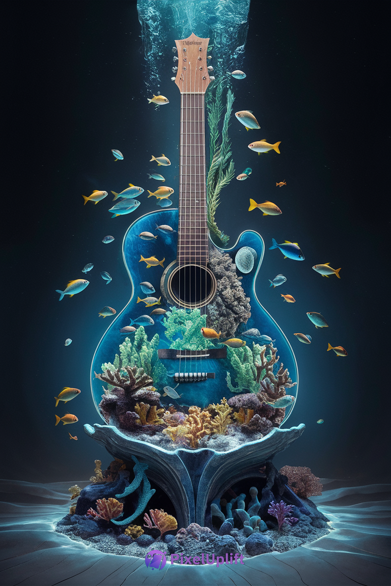 Surreal underwater scene showing an acoustic guitar transformed into a vibrant coral reef with colorful fish swimming around it on a dark aquatic background