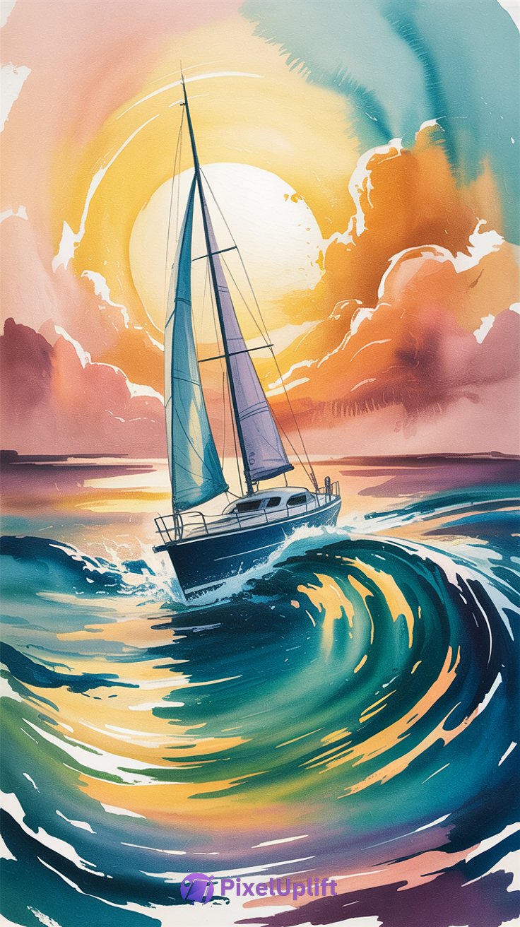 Vibrant artistic phone wallpaper of a sailboat navigating colorful dynamic ocean waves with a glowing sun and warm clouds