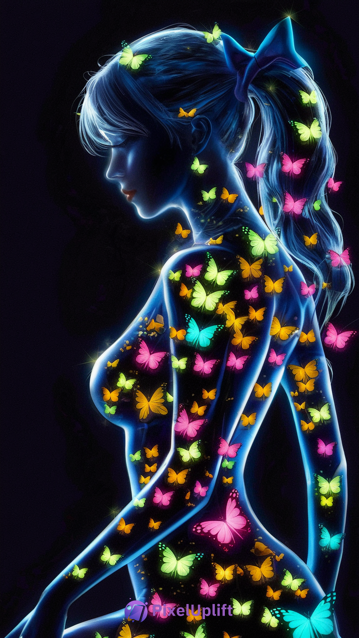 Glowing blue silhouette of a woman with colorful butterflies inside and around her on a dark background phone wallpaper