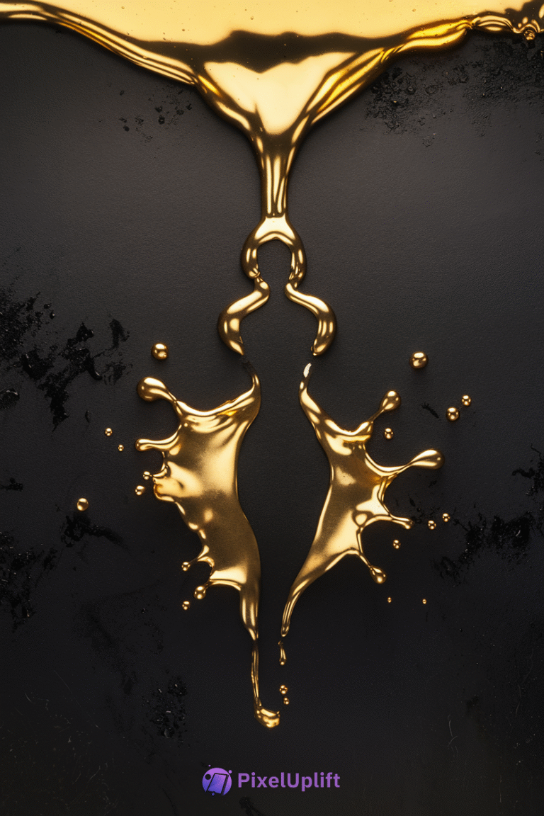Two golden liquid splashes forming human-like shapes on a dark background, resembling an intimate connection