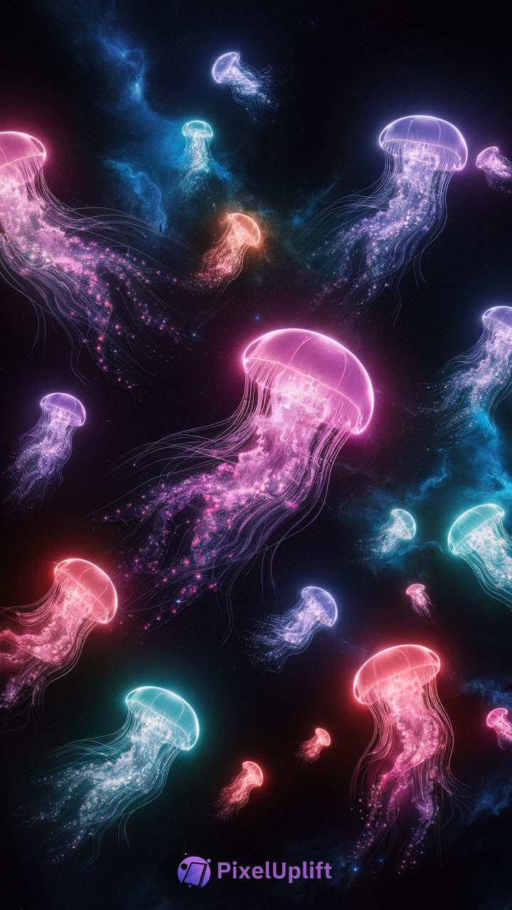 Luminous glowing jellyfish floating in a dark underwater or cosmic background with neon pink, purple, blue, and turquoise hues