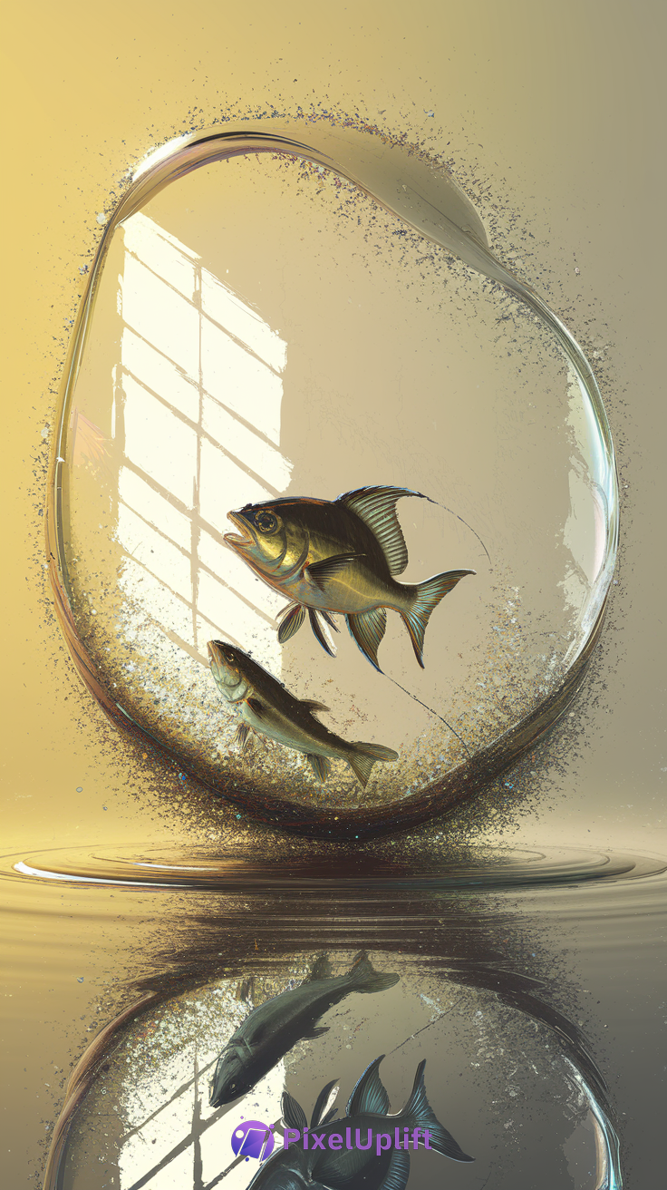 Two detailed bass fish swimming inside a large iridescent bubble above reflective water with a warm yellow sunlight background