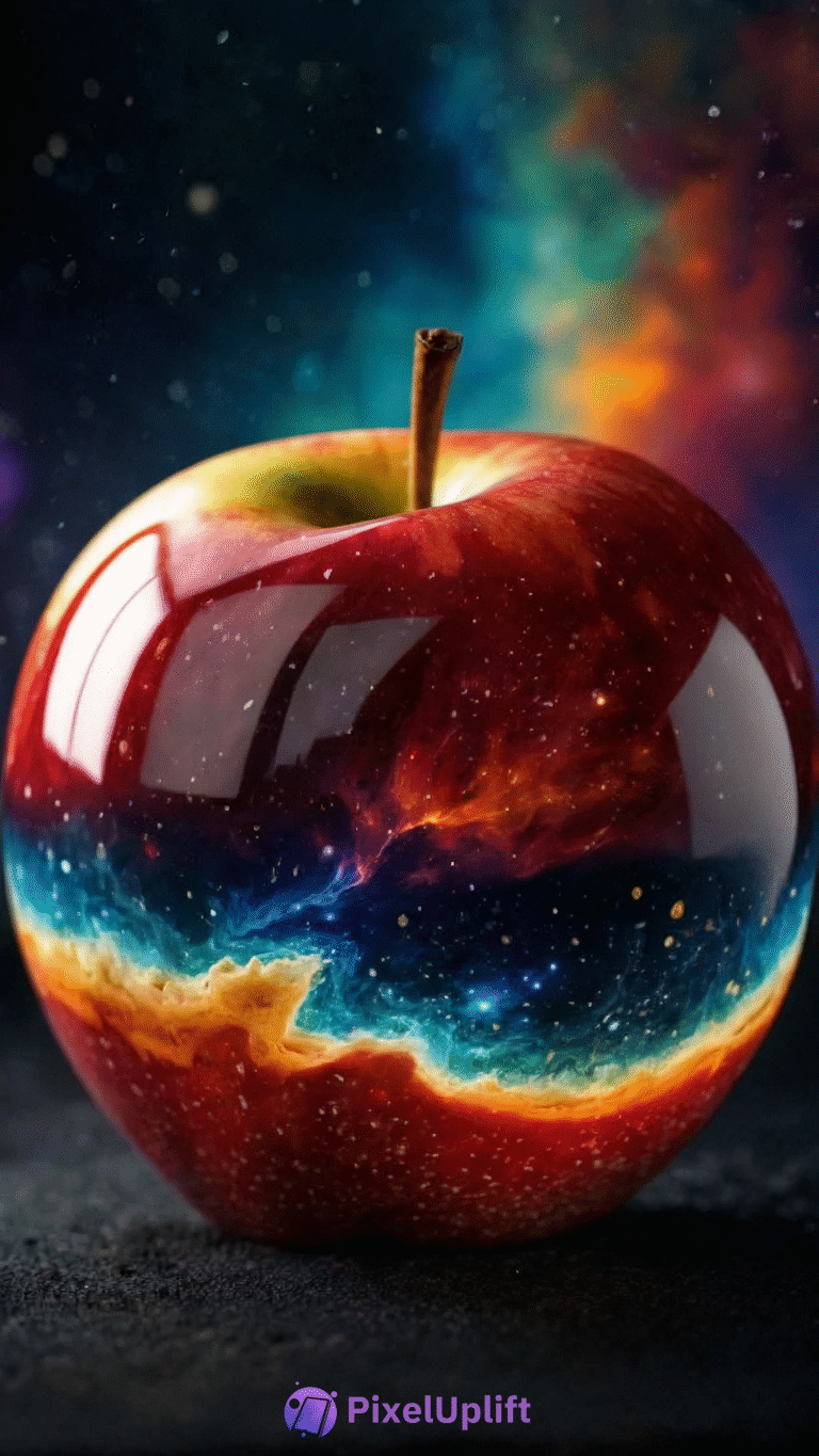 Shiny red apple with a colorful cosmic nebula inside on a dark background phone wallpaper
