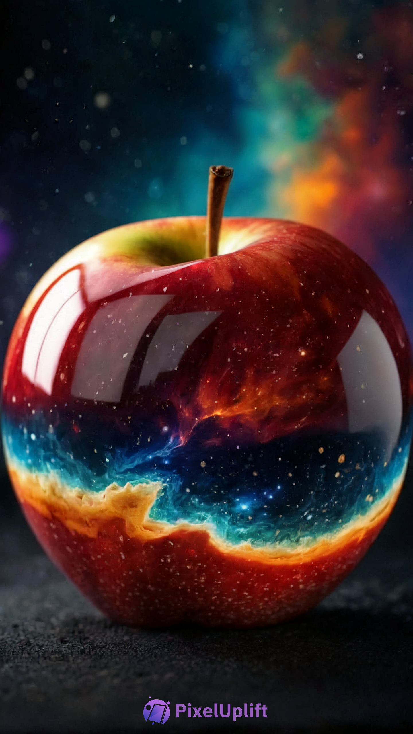 Shiny red apple with a colorful cosmic nebula inside on a dark background phone wallpaper