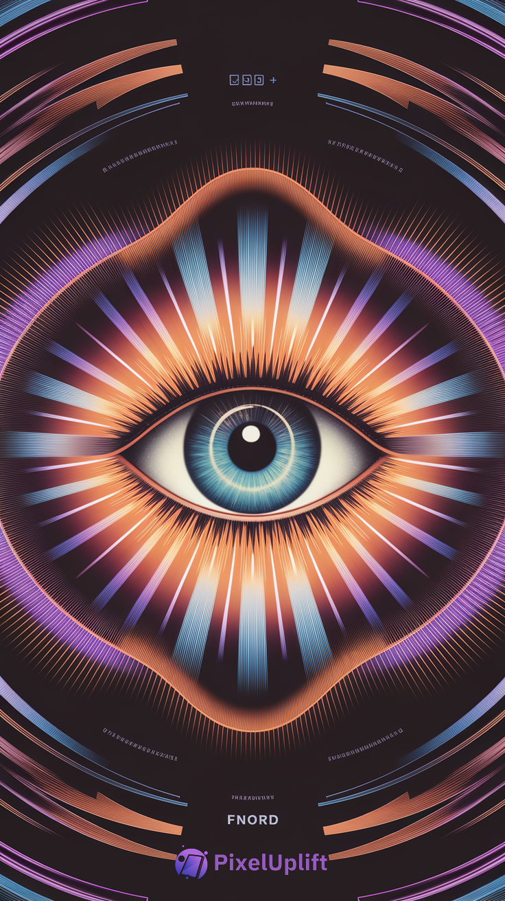 Surreal phone wallpaper showing a central detailed blue eye surrounded by vibrant orange, blue, and purple radiant geometric patterns on a dark background