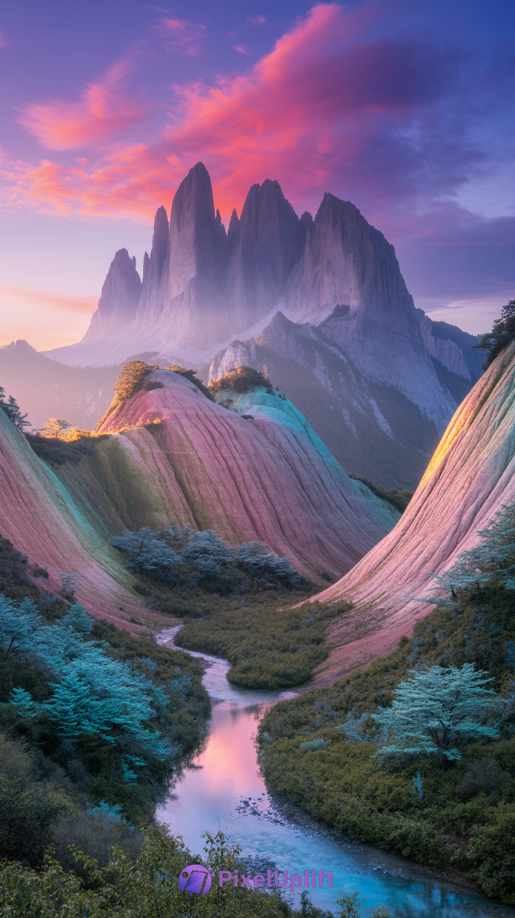 Surreal colorful mountain landscape with vibrant purple pink and blue sky and lush greenery phone wallpaper