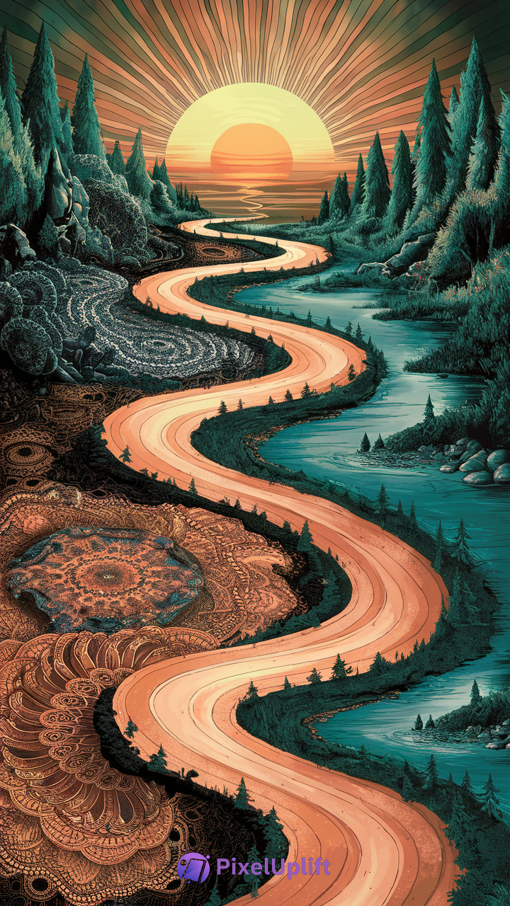 Surreal phone wallpaper showing a glowing golden river winding through dark green pine trees with mandala patterns and a bright sun setting with warm orange and yellow rays