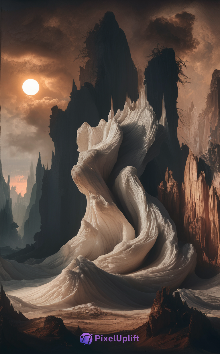 Surreal phone wallpaper showing a large twisted smooth rock formation with dark jagged cliffs and a glowing sun under heavy clouds
