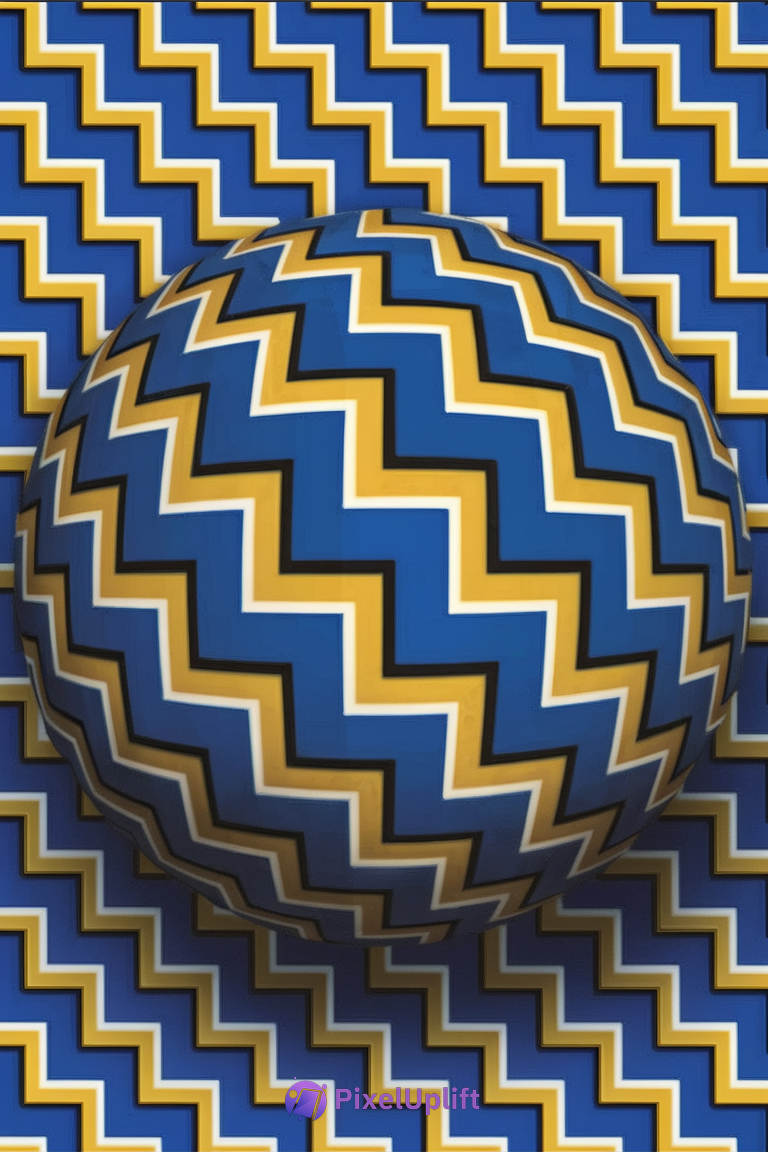 Phone wallpaper showing a sphere with a blue, gold, white, and black zigzag pattern creating an optical illusion with a distorted pattern on a matching flat background