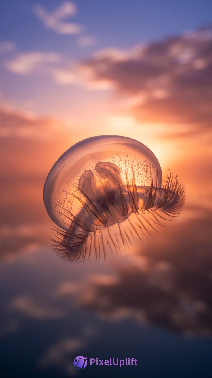 Translucent jellyfish floating underwater with a vibrant orange, pink, and purple sunset background