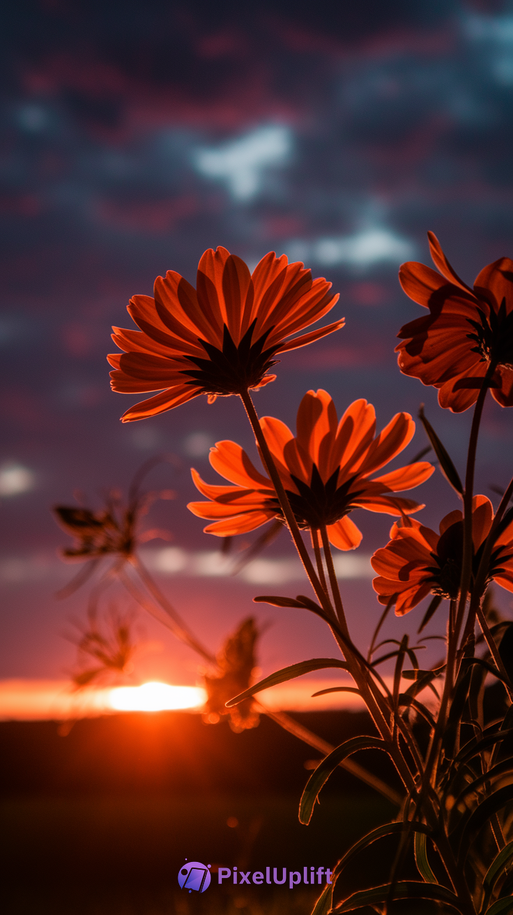 Close-up silhouette of daisy-like flowers glowing orange against a vibrant sunset sky with deep purples, blues, and reddish hues