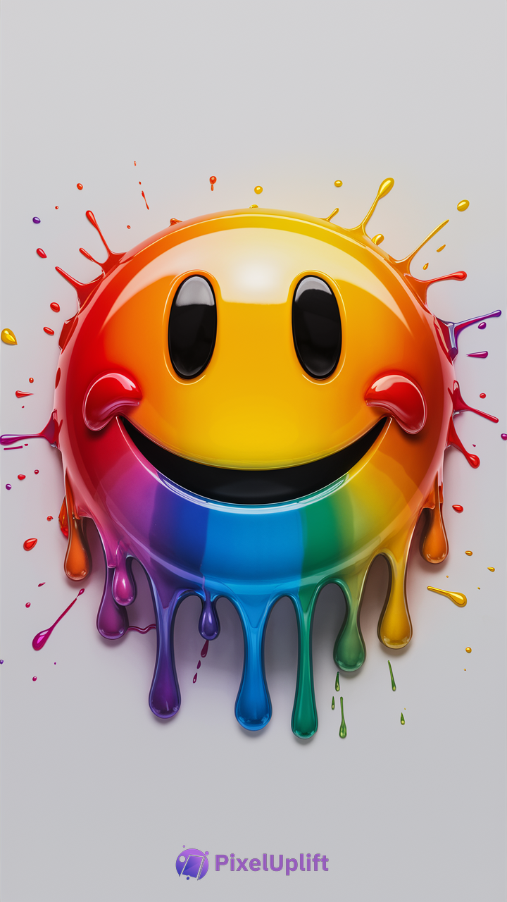 Vibrant melting rainbow smiley face phone wallpaper with glossy texture and colorful paint drips on light gray background