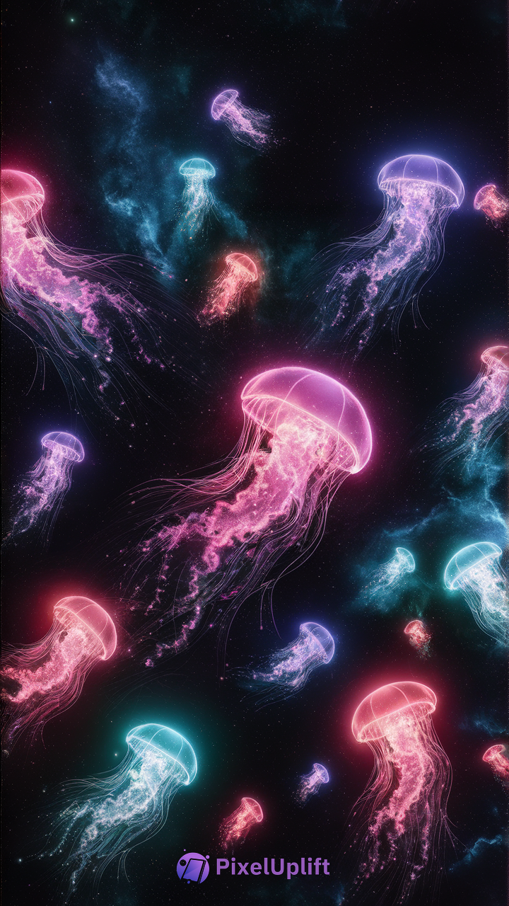 Vibrant neon jellyfish floating in a dark cosmic background with glowing translucent bodies and trailing tentacles