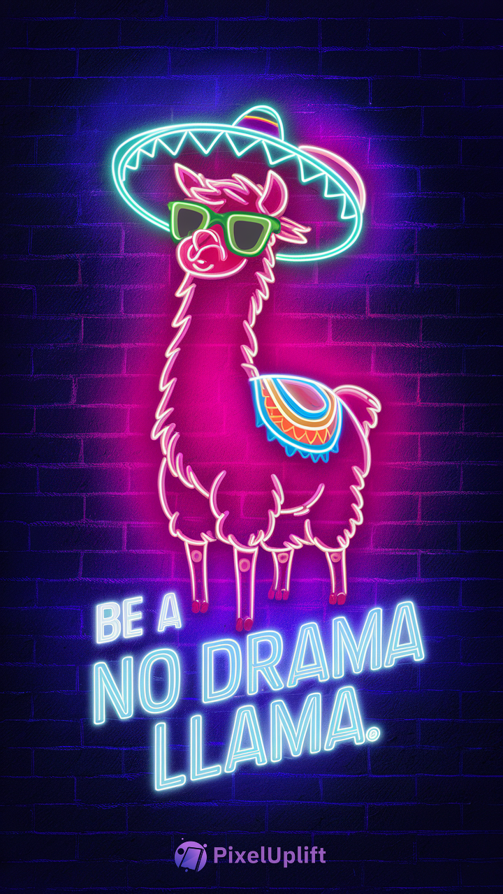 Vibrant neon phone wallpaper showing a neon pink llama wearing green sunglasses and a colorful sombrero against a dark brick wall with text No Drama Llama
