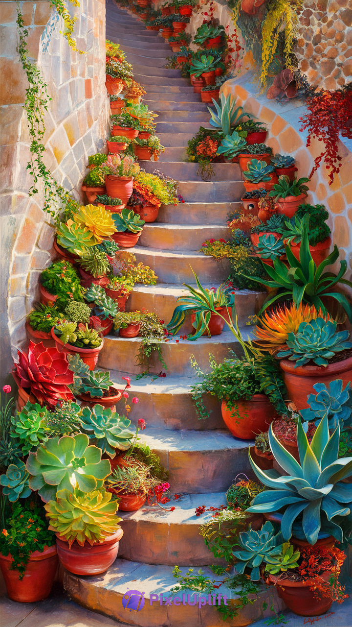 Outdoor stone staircase lined with terracotta pots of colorful succulents and plants under bright sunlight
