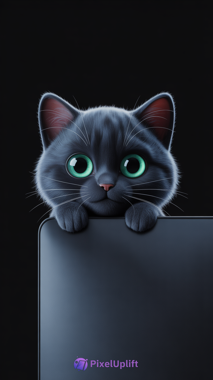 Adorable gray kitten with green eyes peeking over a dark surface on black background