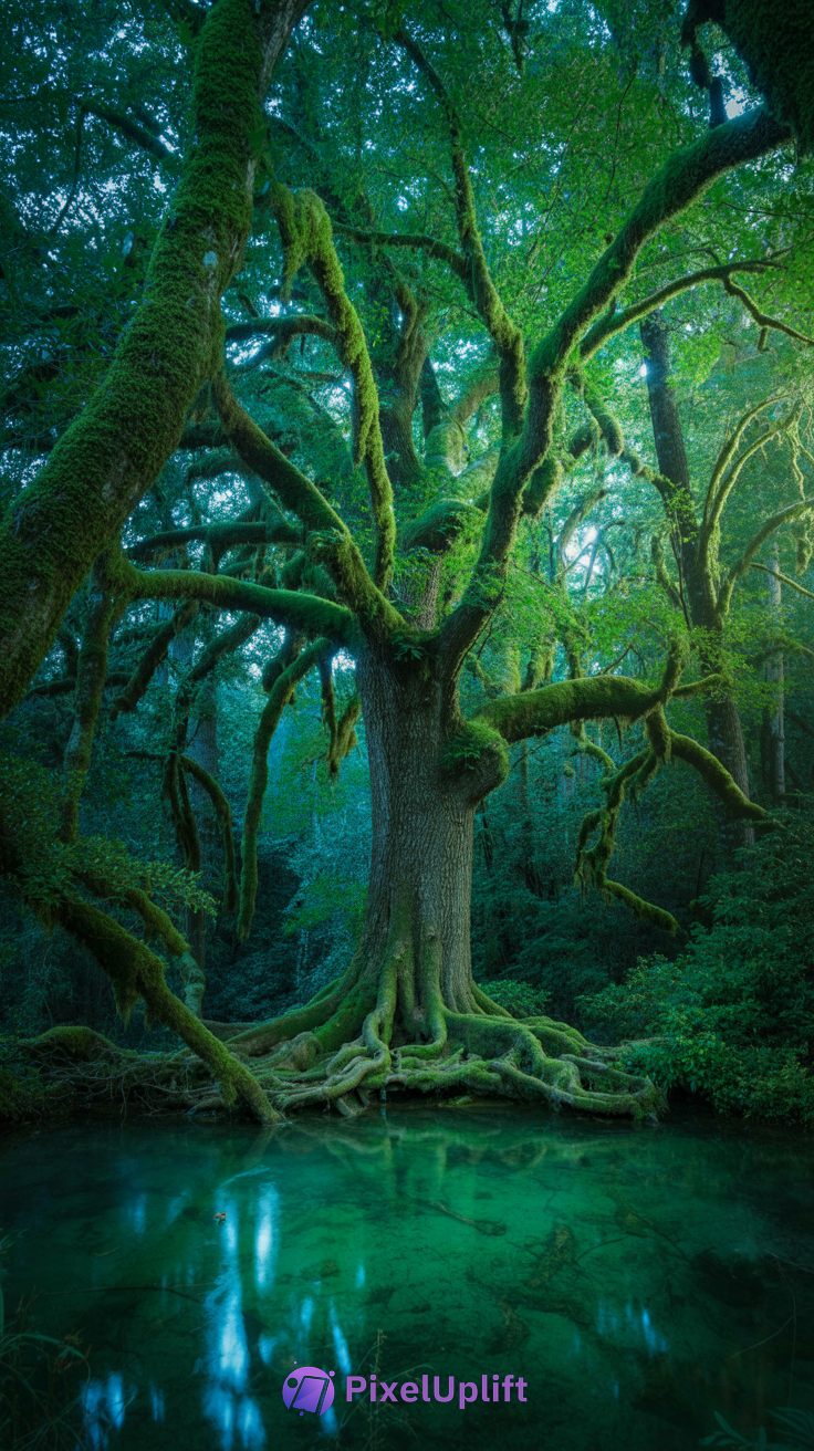 Ancient tree with sprawling roots over turquoise water surrounded by lush green moss and dense foliage, creating a mystical phone wallpaper