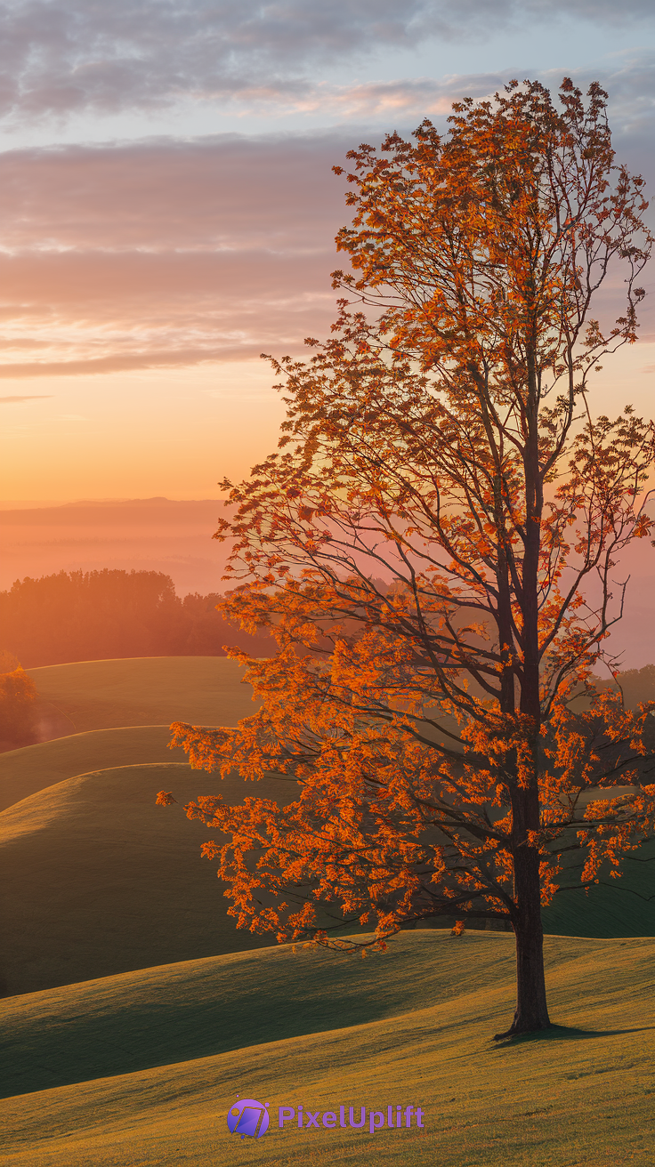 Single tall tree with orange autumn leaves on green rolling hills under warm sunrise sky